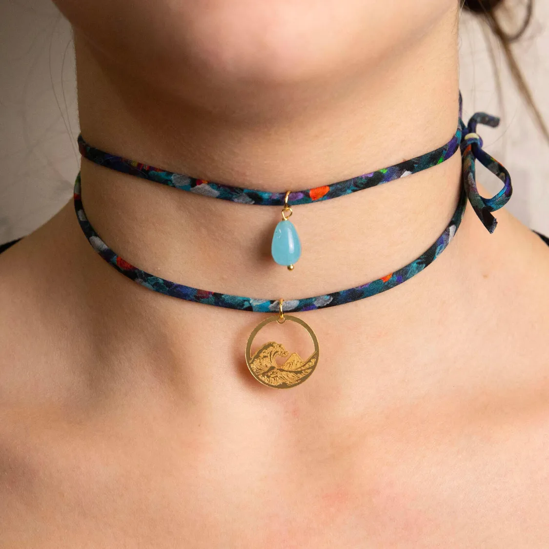 Bracciale/collana Tessuto Fiori Onda Celeste