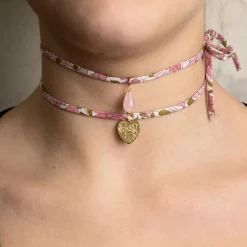Bracciale/collana Tessuto Fiori Cuore Rosa