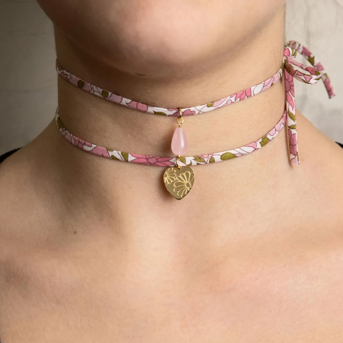 Bracciale/collana Tessuto Fiori Cuore Rosa