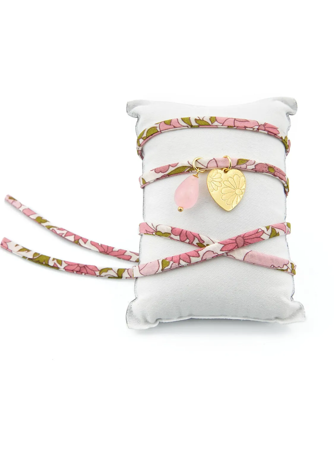 Bracciale/collana Tessuto Fiori Cuore Rosa