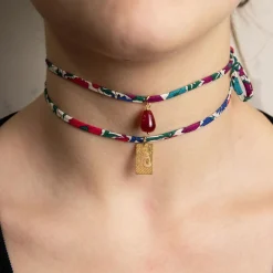 Bracciale/collana Tessuto Fiori Ideogramma Rubino