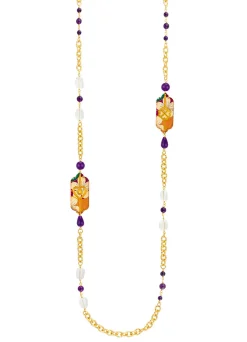 Collana Lunga Cuore E Quadrifoglio Viola E Cristalli