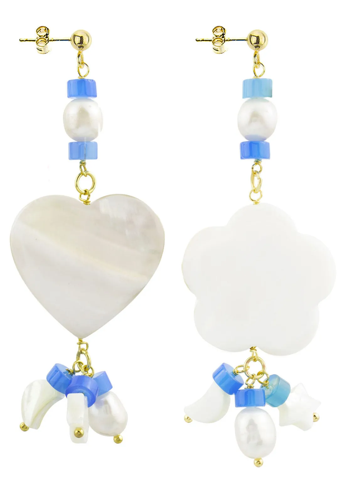 Orecchini Cuore E Fiore Madreperla Piccolo Azzurro