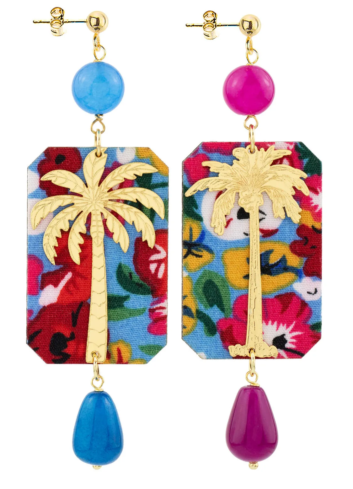 Orecchini Palma Fiori Azzurro E Fucsia
