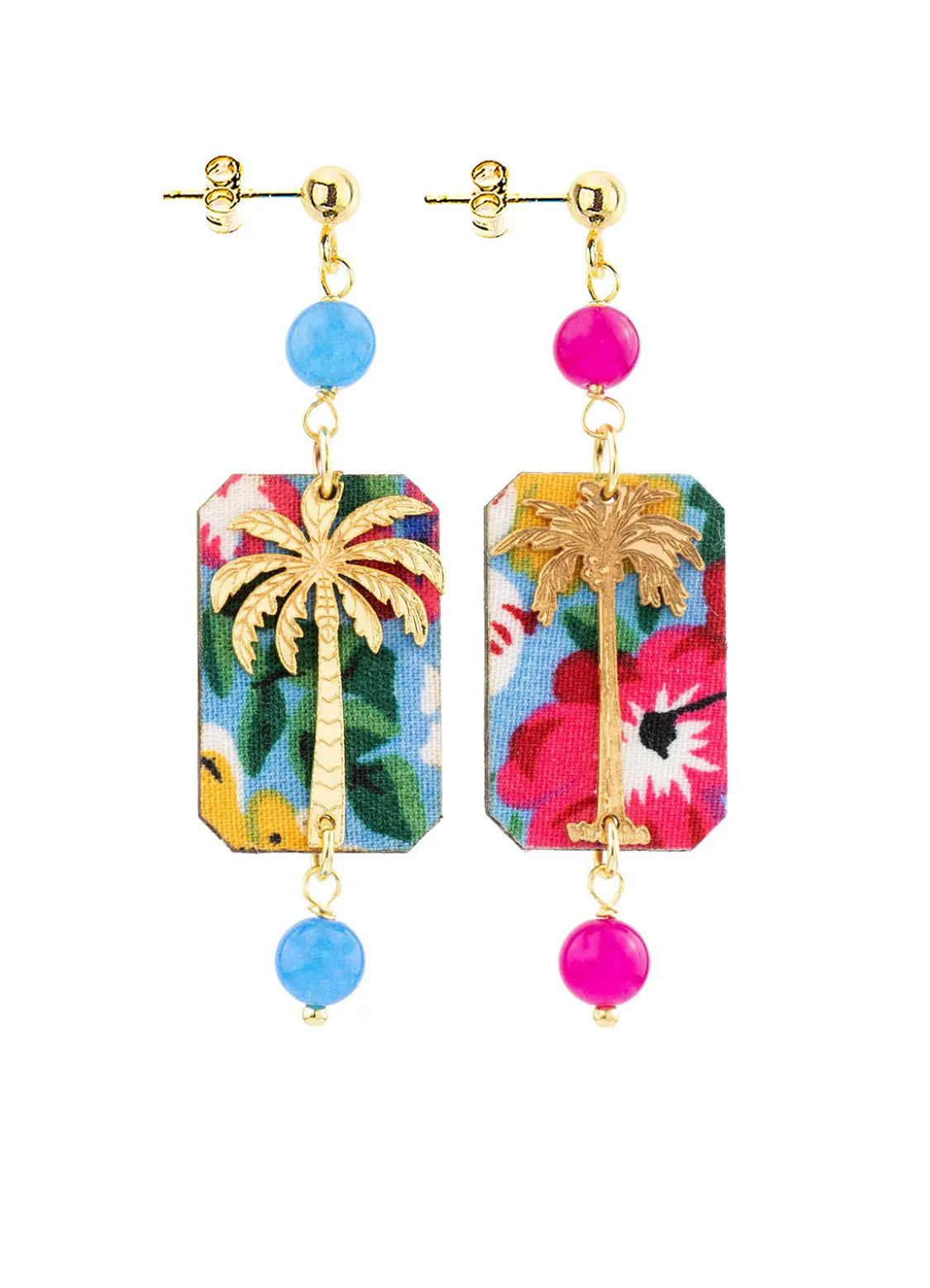 Orecchini Palma Fiori Mini Azzurro E Fucsia