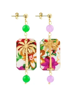 Orecchini Palma Fiori Mini Verde E Viola Chiaro