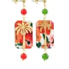 Orecchini Palma Fiori Mini Verde Oliva E Rubino