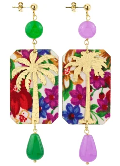 Orecchini Palma Fiori Verde E Viola Chiaro