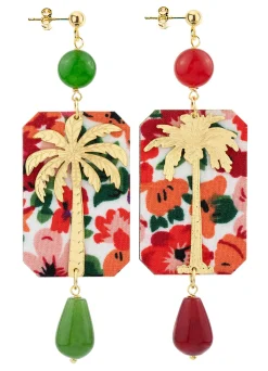 Orecchini Palma Fiori Verde Oliva E Rubino