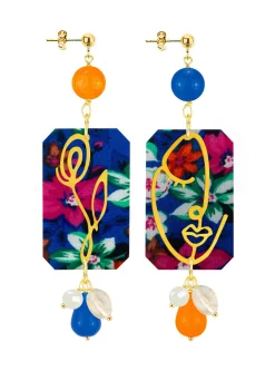 Orecchini Viso E Fiore Fiori Blu E Arancione
