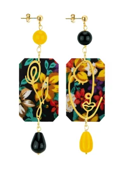 Orecchini Viso E Fiore Fiori Nero E Giallo