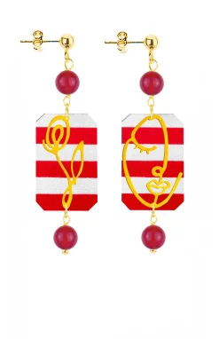 Orecchini Viso E Fiore Mini Righe Rubino