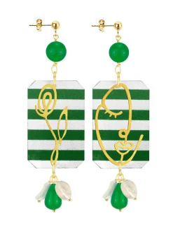 Orecchini Viso E Fiore Righe Verde