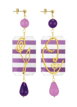 Orecchini Viso E Fiore Righe Viola E Viola Chiaro