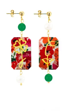 Orecchini Viso E Quadrifoglio Fiori Mini Perla E Verde Oliva