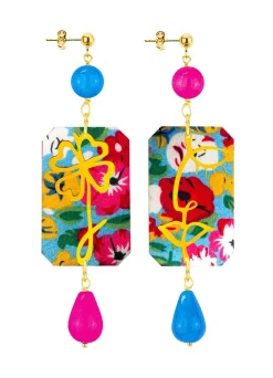 Orecchini Viso E Quadrifoglio Fiori Azzurro E Fucsia