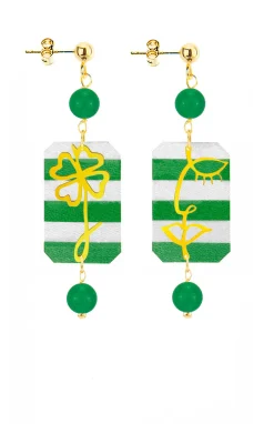 Orecchini Viso E Quadrifoglio Mini Righe Verde