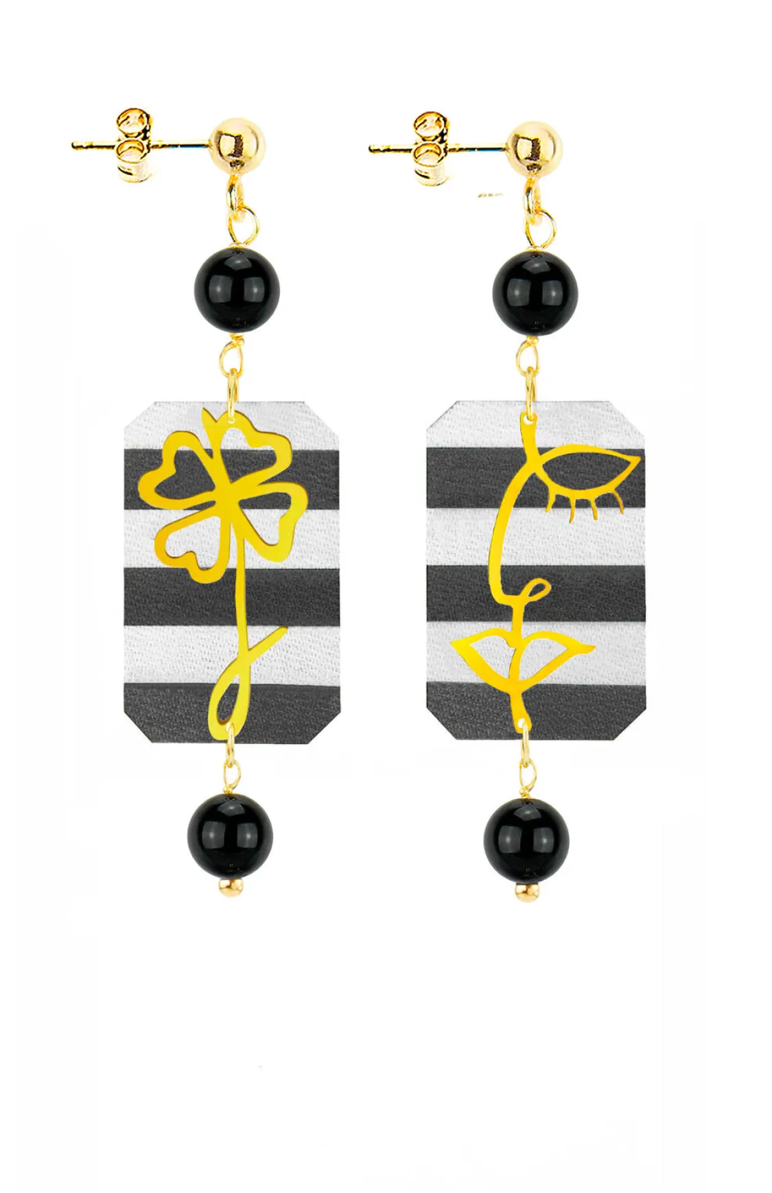 Orecchini Viso E Quadrifoglio Mini Righe Nero