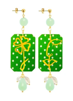 Orecchini Viso E Quadrifoglio Pois Verde Giada